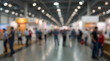 Blurred indoor exhibition hall filled with people walking through exhibit booths and bright lights 