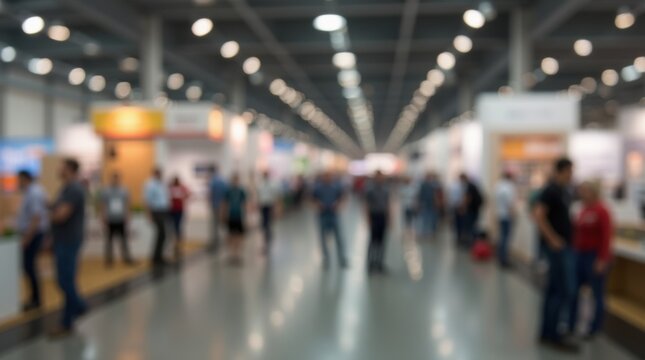 Blurred indoor exhibition hall filled with people walking through exhibit booths and bright lights 
