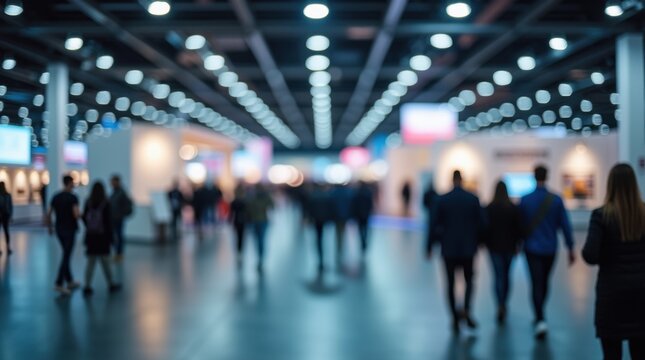 Blurred indoor exhibition hall filled with people walking through exhibit booths and bright lights 
