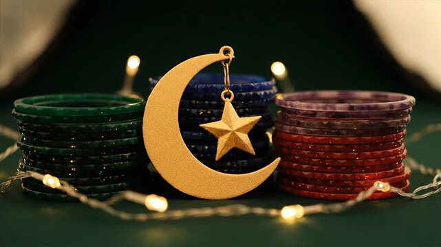 Decorative crescent moon star with colorful glass bangles and string lights