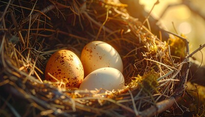 Obraz premium Easter eggs in rustic nest with straw and golden sunlight natural background
