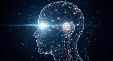 A human head silhouette comprised of interconnected glowing nodes against a dark background
