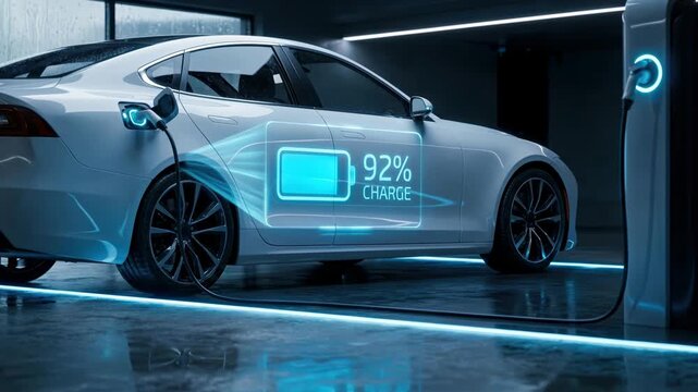 Side view of a white electric car charging at a station in a rainy modern garage with a holographic interface showing ninety two percent battery charge and energy flow.