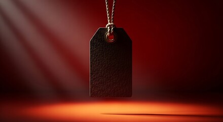 A leather price tag hangs against a vibrant red backdrop, illuminated by spotlights