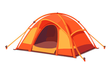 A 3D illustration of a bright orange and yellow dome tent with an open entrance, set against a solid black background. This camping shelter features visible poles and guy lines. © Alan