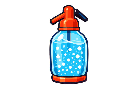 A stylized illustration of a blue soda siphon bottle filled with carbonated water and white bubbles. The bottle features an orange dispenser top and base against a black background.