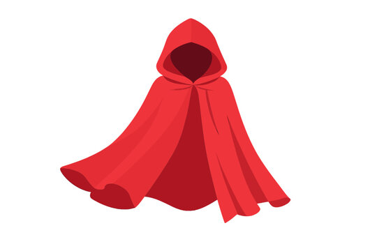 This vector illustration features a vibrant red hooded cloak with flowing fabric and a deep hood, isolated on a black background. It represents a classic fairy tale garment style.