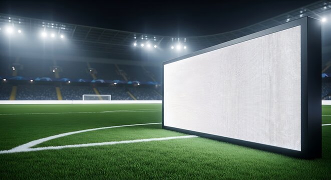 A large, blank digital display on a soccer field at night, stadium lit
