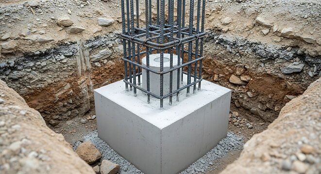 Reinforced concrete foundation base for new building construction site