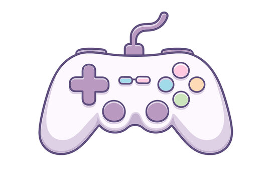 A flat vector illustration of a white video game controller featuring colorful pastel buttons and a purple cord. The simple design is isolated against a solid black background.