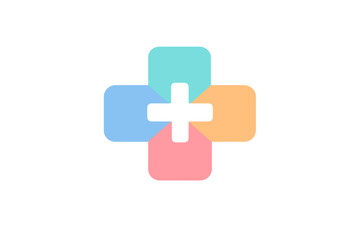 Obraz premium A colorful medical cross icon composed of four rounded squares in teal, orange, pink, and blue with a black plus sign in the center, isolated on a solid black background.
