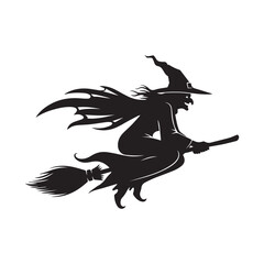 Silhouette of a witch flying on a broom with wide wings in a tribal tattoo style design