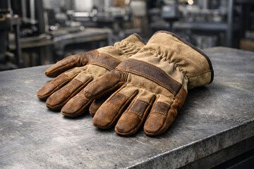 Pair of worn brown leather work gloves on a metal workbench in a workshop