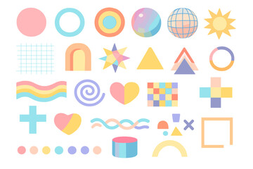 A collection of colorful pastel geometric shapes and abstract design elements on a black background, including circles, stars, hearts, and grids in a retro Y2K aesthetic style.