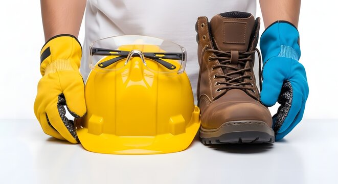 Safety equipment and personal protective equipment (PPE) displayed for the workplace. Including boots, gloves, and a helmet.