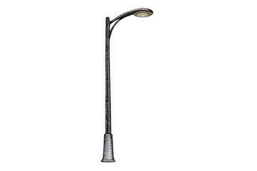 A modern street lamp post with a curved arm and a circular light fixture stands isolated against a solid black background. The pole has a textured dark grey finish. © Alan