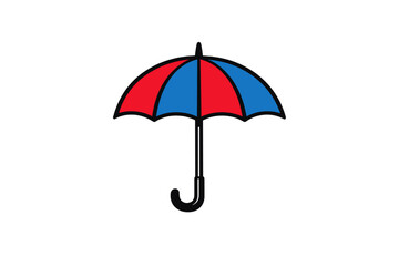 A simple illustration of an open umbrella with alternating red and blue panels and a black handle, isolated against a solid black background. It represents weather and protection.