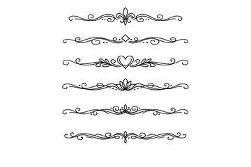 A collection of six ornate white line art dividers and decorative borders featuring swirls, hearts, and floral motifs, isolated on a solid black background for graphic design. © icon_art