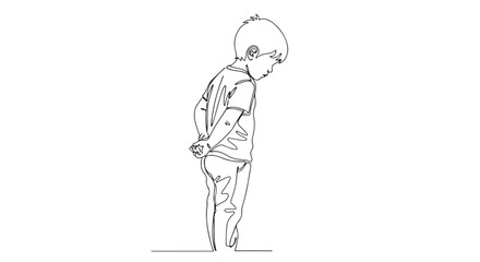 Obraz premium Sad Boy Feeling Down and Lonely, Minimalist Line Art Illustration of a Child with Hands Behind His Back