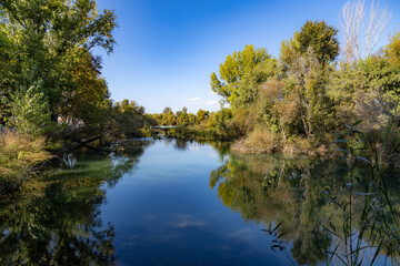 Obraz premium Peaceful scenic river with perfect mirror reflection of autumn trees on a still water surface. Quiet nature landscape with colorful foliage and blue sky. Shot in Manavgat, Turkey.