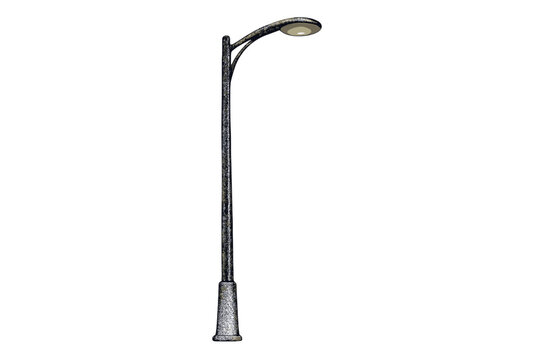 A modern street lamp post with a curved arm and a circular light fixture stands isolated against a solid black background. The pole has a textured dark grey finish.