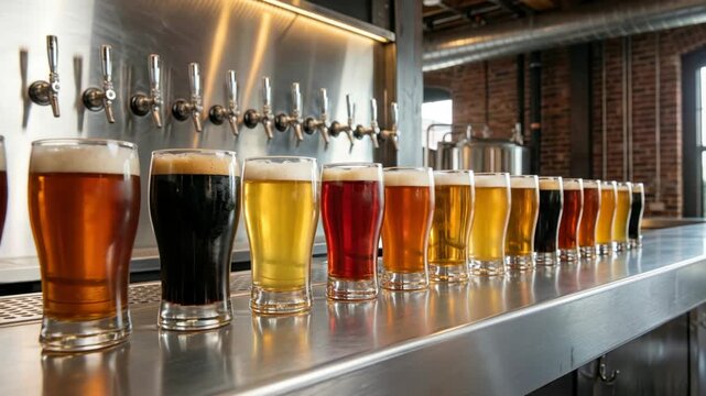 Tracking shot of a long row of diverse craft beer glasses with varying colors from lager to stout sitting on a stainless steel bar top in a modern brewery with beer taps.