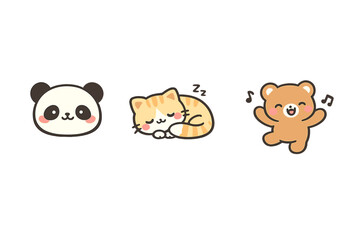 Obraz premium A collection of three adorable kawaii animal illustrations featuring a panda face, a sleeping orange tabby cat, and a happy dancing brown bear on a solid black background.