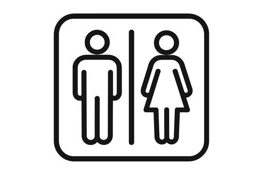 A black and white line art icon depicting male and female figures separated by a vertical line inside a rounded square frame, commonly used as a restroom or toilet sign.