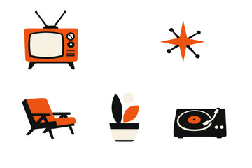 A collection of mid-century modern icons including a vintage television, a starburst, a lounge chair, a potted plant, and a record player, all in an orange and black color scheme.