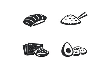 A collection of four black and white minimalist icons representing sushi ingredients including nigiri, a bowl of rice with chopsticks, nori sheets, fish roe, avocado, and cucumber slices.