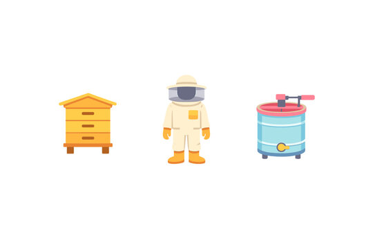 Three flat illustrations on a black background featuring a wooden beehive, a beekeeper wearing a protective suit and hat, and a blue honey extractor machine for harvesting.