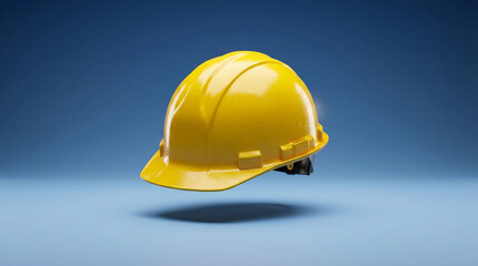 Fototapeta premium Yellow plastic construction hard hat with a brim, safety equipment for workers on a blue background