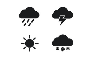 Fototapeta na wymiar This collection features four minimalist black weather icons on a white background, depicting rain, a thunderstorm, sunny conditions, and falling snow in a simple graphic style.