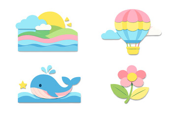 A collection of four paper-cut style illustrations featuring a landscape with a sun, a hot air balloon, a blue whale in the ocean, and a pink flower on a black background.