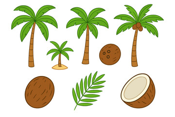 Obraz premium A collection of cartoon coconut palm tree illustrations featuring various tree sizes, whole coconuts, a half coconut, and a single green palm leaf on a black background.