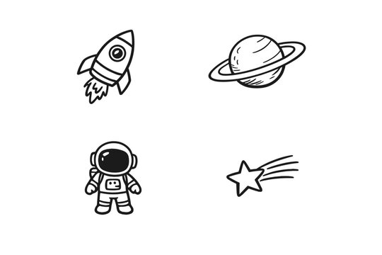 A collection of four hand-drawn space icons including a rocket ship, a ringed planet, an astronaut in a suit, and a shooting star, all depicted in white line art on a black background.