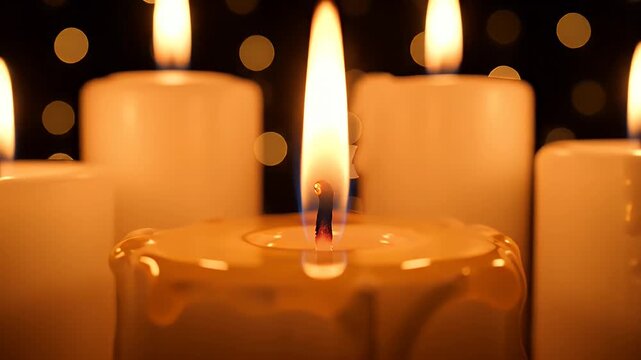 Candles with Glowing Flames - Close-up shot of five square candles with bright, glowing flames. Molten wax drips down the sides in a dark setting.