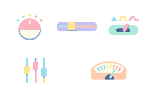 A collection of pastel-colored vector icons representing various audio and electronic control interfaces like dials, sliders, faders, and meters on a solid black background.