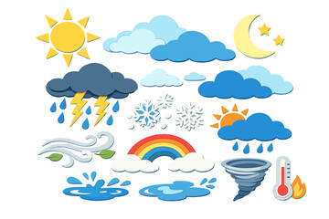 Obraz premium A collection of colorful weather icons featuring sun, clouds, rain, lightning, snow, wind, rainbow, tornado, and thermometer symbols on a black background in a paper-cut style.