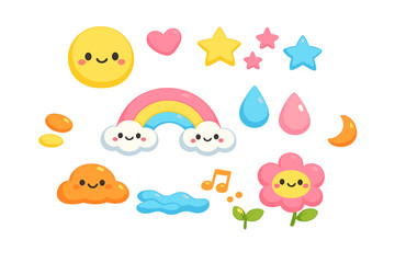 A collection of cute kawaii-style icons featuring a smiling sun, rainbow with clouds, stars, a heart, raindrops, a crescent moon, a flower, and a musical note on a black background.