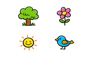 A collection of four simple hand-drawn cartoon icons featuring a green tree, a pink flower, a smiling yellow sun, and a blue bird, all set against a solid black background.
