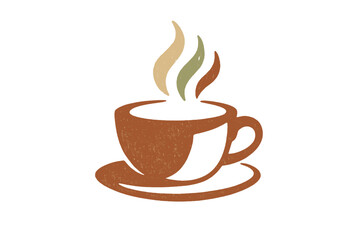A stylized illustration of a brown coffee cup on a saucer with three colorful steam wisps rising from it, set against a black background with a textured, vintage finish.