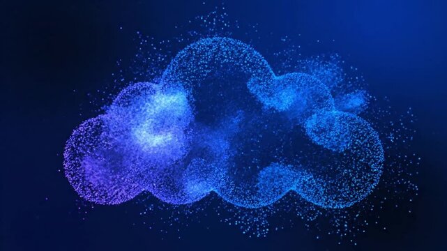 Abstract blue and purple cloud computing particle animation on dark background. Digital data storage and network technology concept.