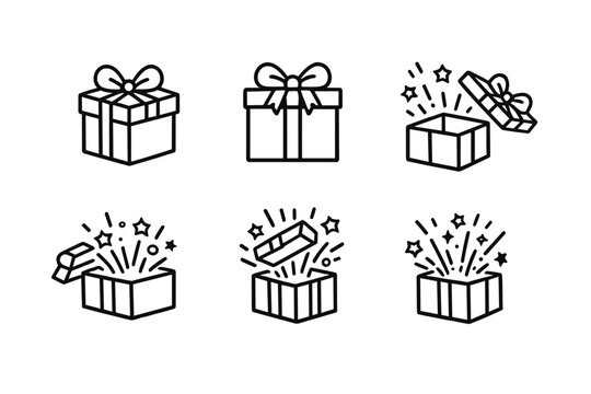 A set of six black line art icons depicting various gift boxes. Some boxes are closed with ribbons, while others are open with stars and sparkles bursting out from inside.