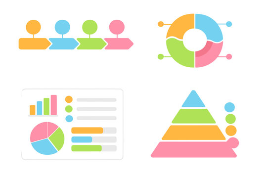 A collection of four colorful infographic templates featuring a horizontal process flow, a circular donut chart, a data dashboard with charts, and a four-level pyramid diagram.