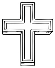 Fototapeta premium Outlined religious cross symbol, simple drawing in black and white