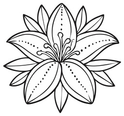 Black and white outline of a stylized lotus flower with intricate petal details and surrounding leaves