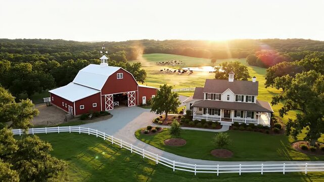 Charming Farmhouse Estate at Sunrise - An aerial view showcases a charming farmhouse estate featuring a red barn and a classic house, bathed in the soft glow of sunrise.