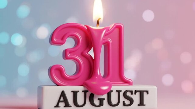 Birthday or celebration concept with pink candle in shape of number 31 on August date block