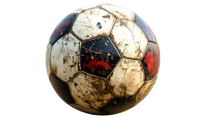 A worn, dirty, and weathered soccer ball isolated against a black background